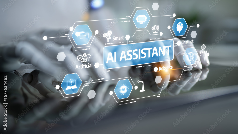 Poster this image depicts a modern ai assistant interface showcasing various digital icons. it illustrates 