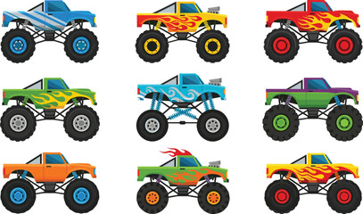 Colorful Monster Truck Vector Set Featuring Nine Unique Designs with Flames, Stripes, and Off-Road Style for Kids and Automotive Themes © Creative Mind