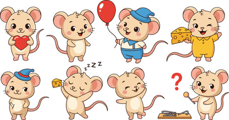 Cute Cartoon Mice in Various Poses Holding Cheese, Heart, Balloon, Sleeping, Waving, Questioning – Fun Animal Character Set