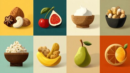 Healthy snack icons featuring nuts, fruits, yogurt, and granola in flat vector style, perfect for nutrition guides, packaging, or apps