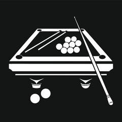 A white vector illustration of a billiard table with balls and cues on a black background