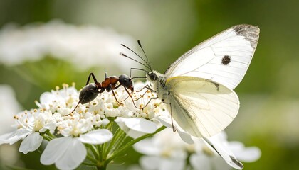 A close-up view of an ant and a butterfly on a cluster of delicate white flowers, showcasing the intricate details of both insects.