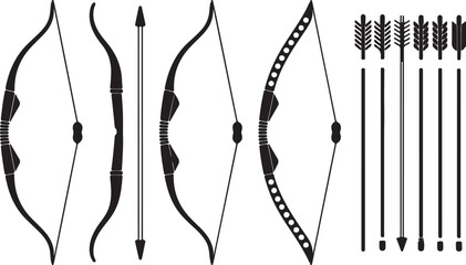 Collection of Traditional Bows and Arrows in Black Silhouette archery weapon