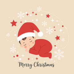 Sleeping baby in Santa hat with peaceful festive mood, surrounded by stars and snowflakes, decorative vector illustration, clean flat style, light festive background