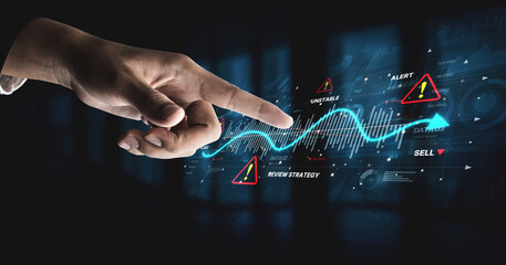 Economic caution visual showing risk alerts and financial volatility. Warning signs highlight economic downturn, market risk, finance crisis, and uncertainty in data-driven analysis. Spline
