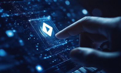 Close up of a man's finger touching a luminous blue play button on a futuristic digital interface screen