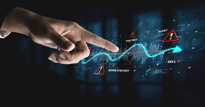 Economic caution visual showing risk alerts and financial volatility. Warning signs highlight economic downturn, market risk, finance crisis, and uncertainty in data-driven analysis. Spline