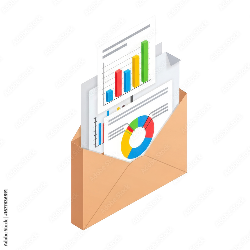 Poster business report analysis financial data presented in envelope with charts and graphs transparent bac