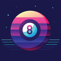 Retro style eight ball illustration with colorful stripes and abstract background design element