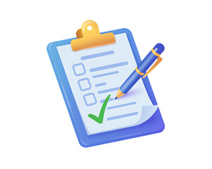Clipboard with checklist and pen isolated on transparent background