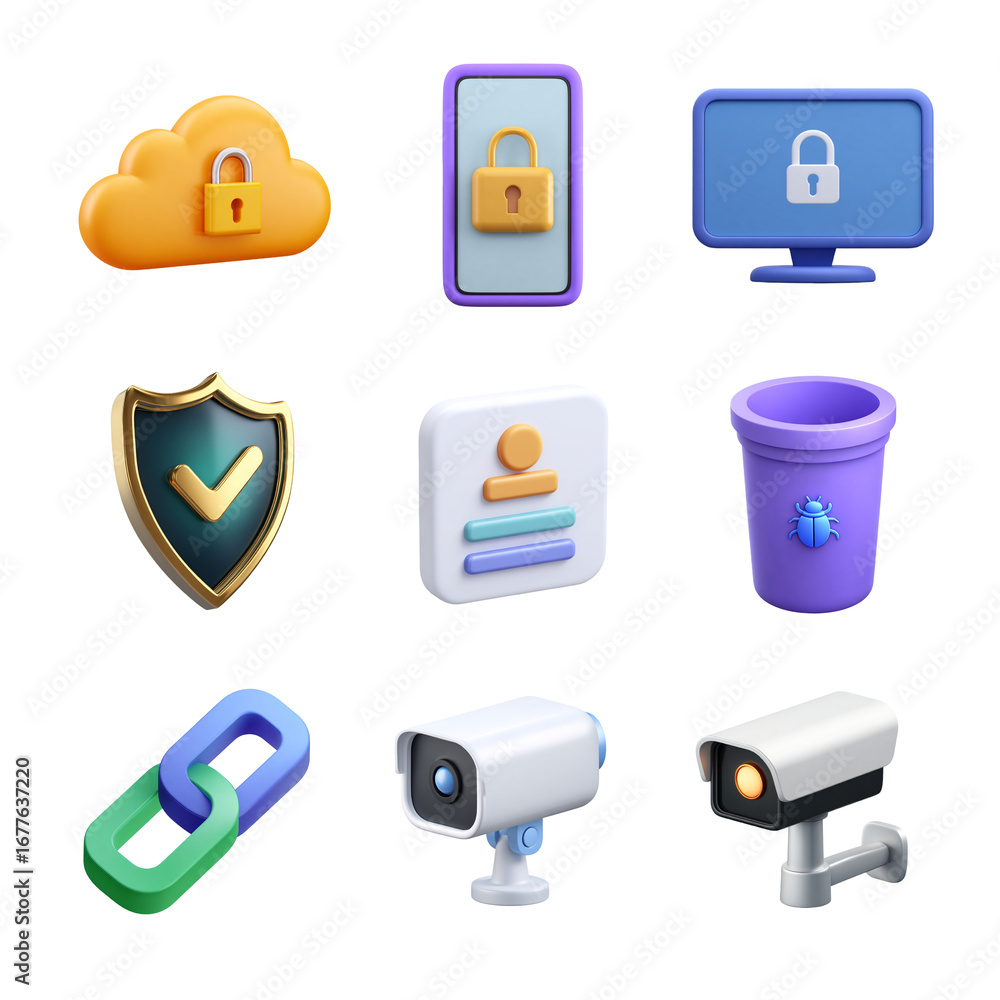 Poster a collection of modern security icons showcasing various safety features. cyber security isolated on