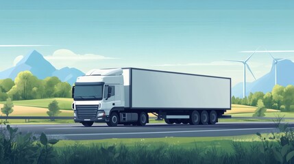 White semi-truck driving on a highway through a scenic landscape with mountains and wind turbines.
