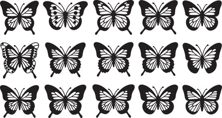 Obraz premium Fifteen Black Silhouette Butterflies with Intricate Wing Patterns on a White Background butterfly