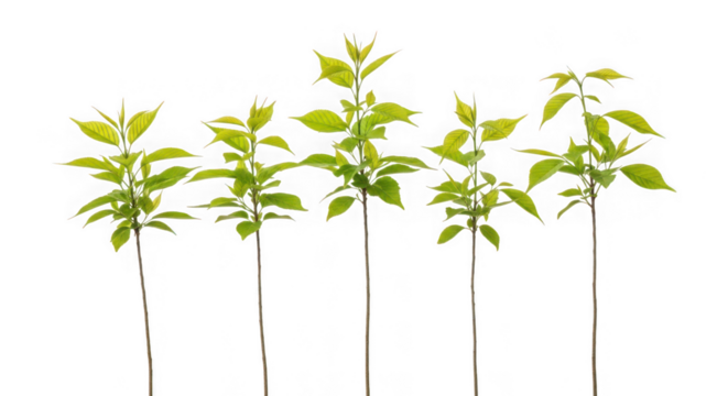 A row of young saplings isolated on transparent background, symbolizing growth, new beginnings, and the beauty of nature