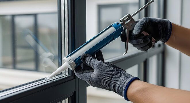 Worker applying sealant to window frame with caulking gun for weatherproofing home improvement project