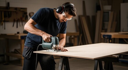 A carpenter uses a jigsaw to cut a piece of plywood in a workshop with safety equipment on his head