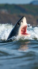 Fototapeta premium Great white shark emerging from wave, open mouth