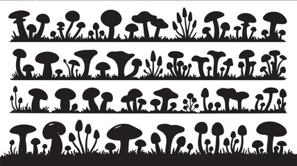 Four Rows of Black Silhouette Mushroom and Grass Silhouettes on a White Background fungi nature