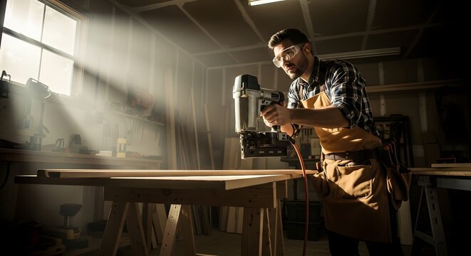 Man using nail gun in workshop with sunlight streaming through window and workbench in foreground
