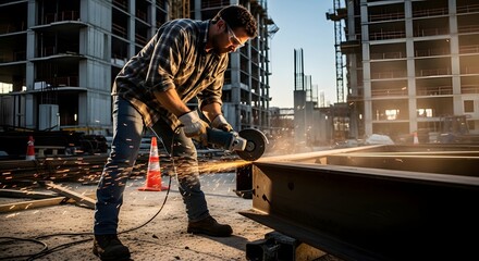 Man using angle grinder on metal beam at construction site with sparks flying and buildings in background