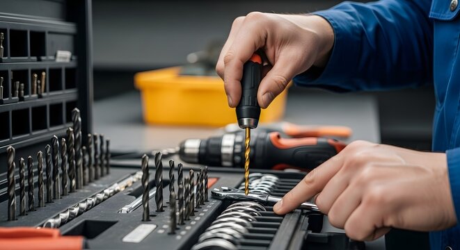 Man selecting drill bit from organized case with power drill and toolbox in the background scene setup