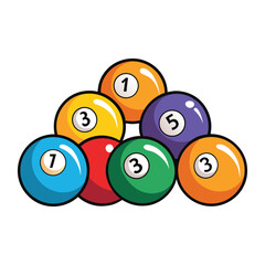 Pile of billiard balls with numbers from one to seven isolated on white background