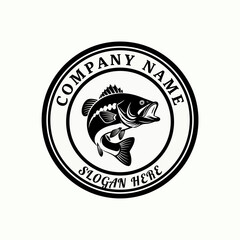 Obraz premium Circular black and white logo featuring a detailed illustration of a largemouth bass fish with open mouth.