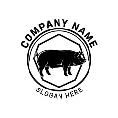 Black and white logo design of a pig in a circle with hexagon shape, suitable for a company related to agriculture, meat, or food products.