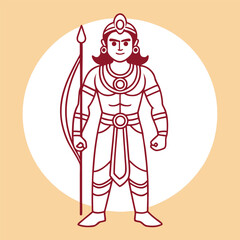 Illustration of rama, a major deity in hinduism, holding a bow and arrow in a traditional style