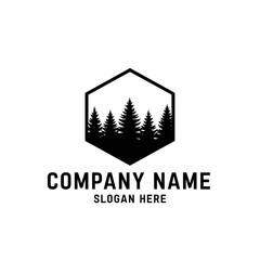 Fototapeta premium Silhouette of evergreen trees inside a hexagon shape for a company logo design.