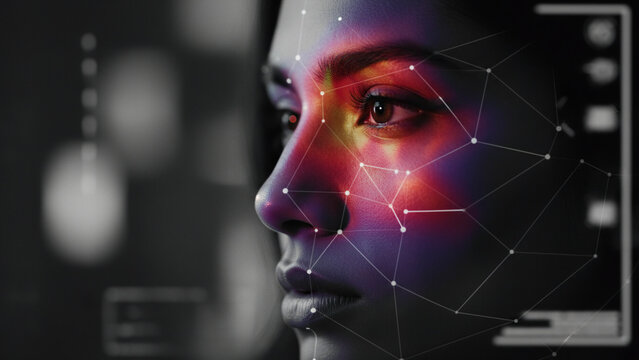 Woman's face with biometric scan and colorful digital overlay