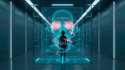 Silhouette facing digital hologram head in futuristic tech corridor