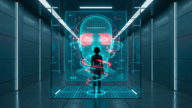 Silhouette facing digital hologram head in futuristic tech corridor - Powered by Adobe