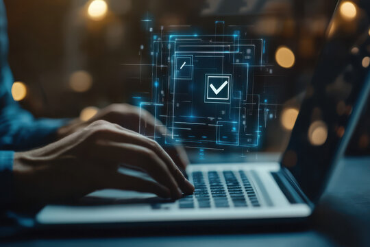 Man typing on laptop with futuristic digital interface showing confirmation checkmark overlay