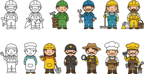 Cartoon construction workers, chefs, police, gardener, diverse professions, colorful characters, tools, uniforms, job roles, teamwork, occupation icons, cute, happy workers.