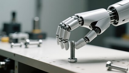 Robotic arm assembling nuts and bolts in modern workshop environment