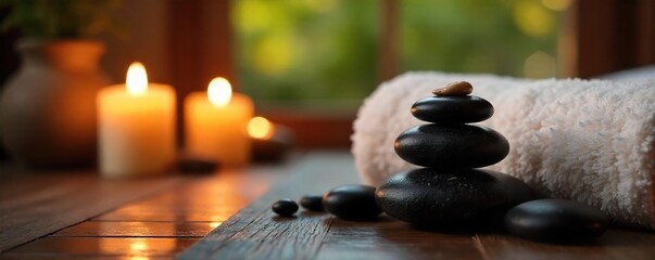 Luxurious candlelit spa scene with essential oils, smooth stones, and fluffy towels, ready for a relaxing treatment  Perfect for wellness, beauty, and self-care imagery ,  organic,  healthy