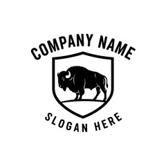 Black and white bison logo with shield and text.