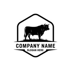 A black silhouette of a powerful bull standing in a grassy field, enclosed within a hexagonal frame with text below.