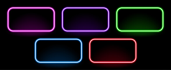 Colorful neon frame vector set for futuristic design. Glowing light rectangle border banner for website decoration, game UI, and advertising.