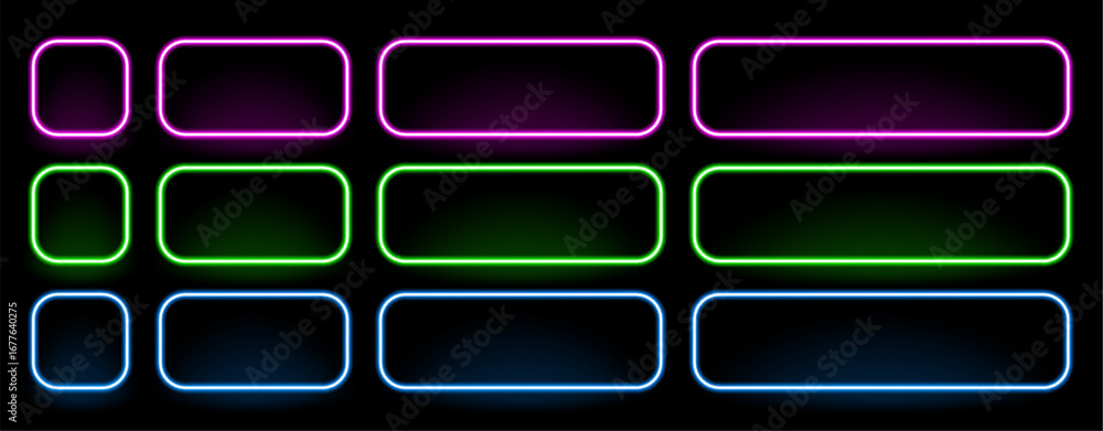 Poster set of colored neon abstract rectangular frames of different sizes with rounded corners isolated on 