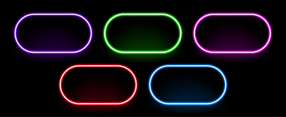 Neon frame vector set of glowing colorful light signs on dark background. Creative design element with retro style. Text box for advertising.