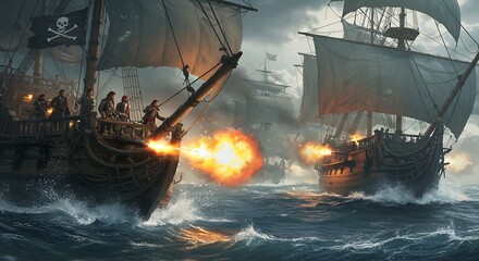 Sailing ships combat sea battle illustration