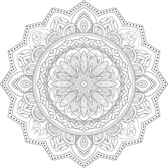 Geometric floral mandala design, black outline, intricate decorative circle art for coloring book, mindfulness, symmetry, and meditation, flat vector illustration
