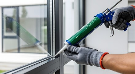 Applying sealant to window frame with caulking gun and gloved hands for home improvement project