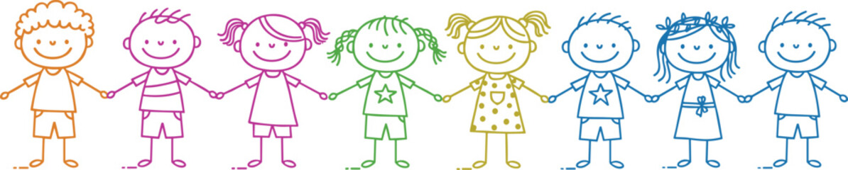 Colorful stick figure children holding hands, happy cartoon kids illustration, rainbow line art, unity, friendship, doodle style, playful drawing