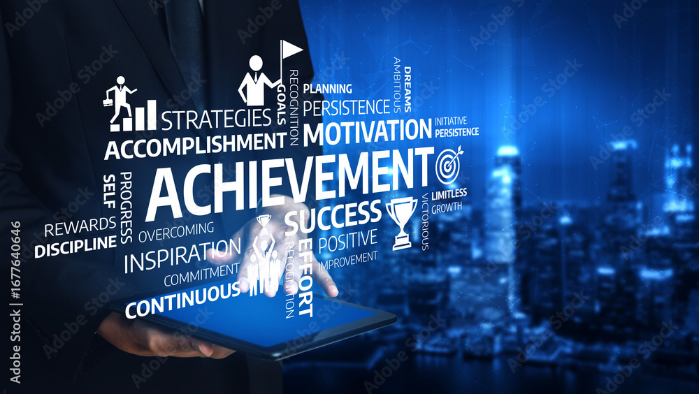 Poster a visual representation of achievement and motivation in a corporate setting, emphasizing key terms 