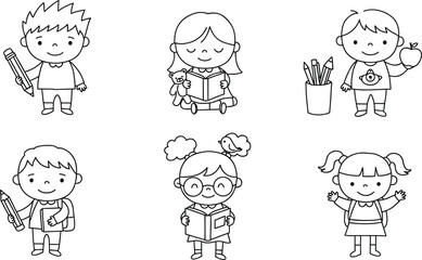 Cute happy kids holding pencils, books, apple, backpack, reading, smiling children, school supplies, education, learning, classroom, cartoon illustration.