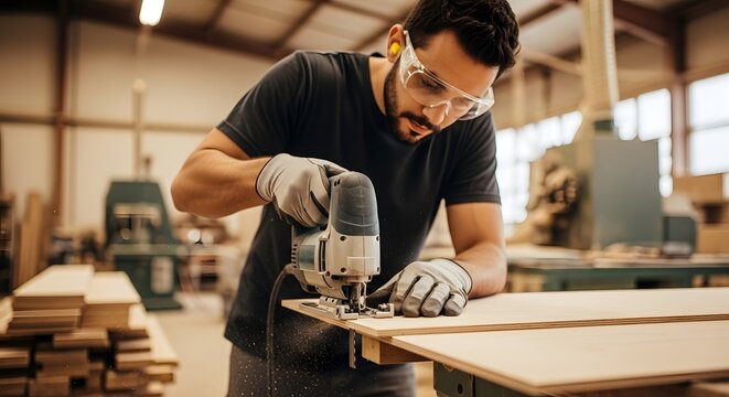 Man using jigsaw on wood in workshop with safety glasses and earplugs cutting carefully on project