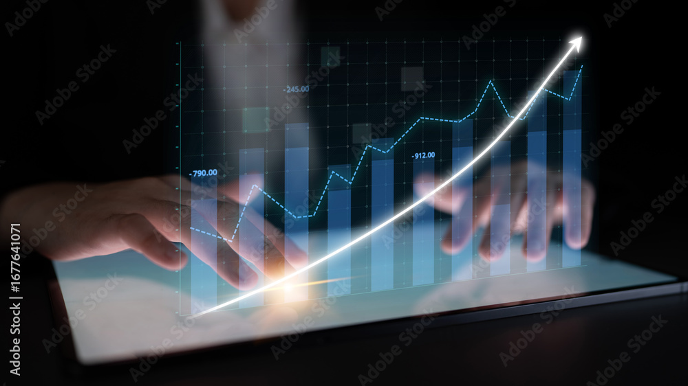 Aufkleber a business professional reviews financial data using a high-tech tablet with a growing graph, repres